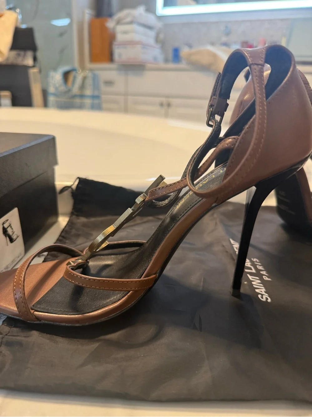Saint Laurent Metallic Brown YSL Logo Strappy High Heels